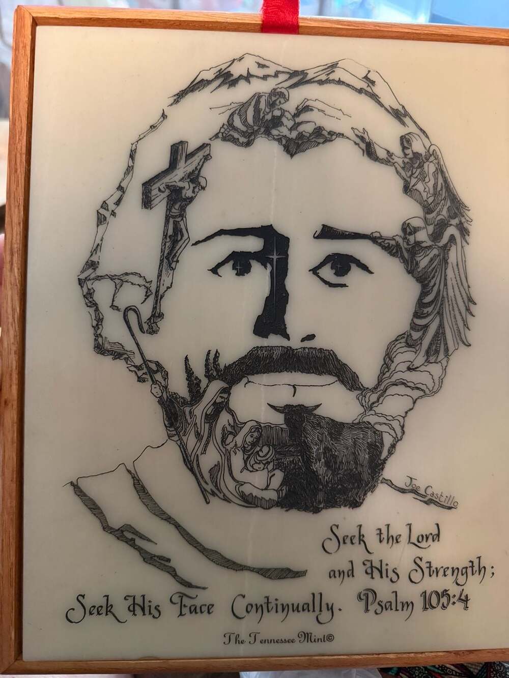 Vintage Joe Castillo 'The Face of Christ' Etched Marble‎ Plaque Psalm 105:4